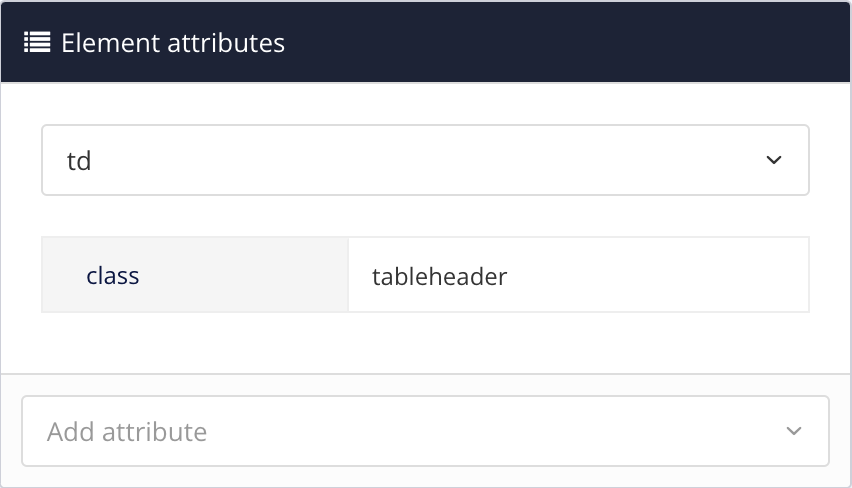 Element attributes panel. A td element is selected and it has been given a class attribute. The value of the class attribute is set to tableheader.