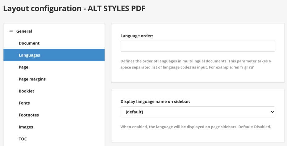 Layout settings for a layout called Alt Styles PDF.