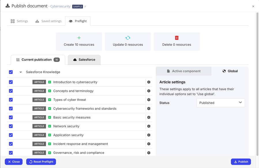 Publish document dialog when a Salesforce Knowledge Layout is used for publishing. The Preflight tab is selected. It contains a hierarchy like a table of contents. There is also a salesforce tab and a side panel. The side panel has a global tab and an active component tab. At the top, there are panels that show the number of resources being added, updated, and deleted.