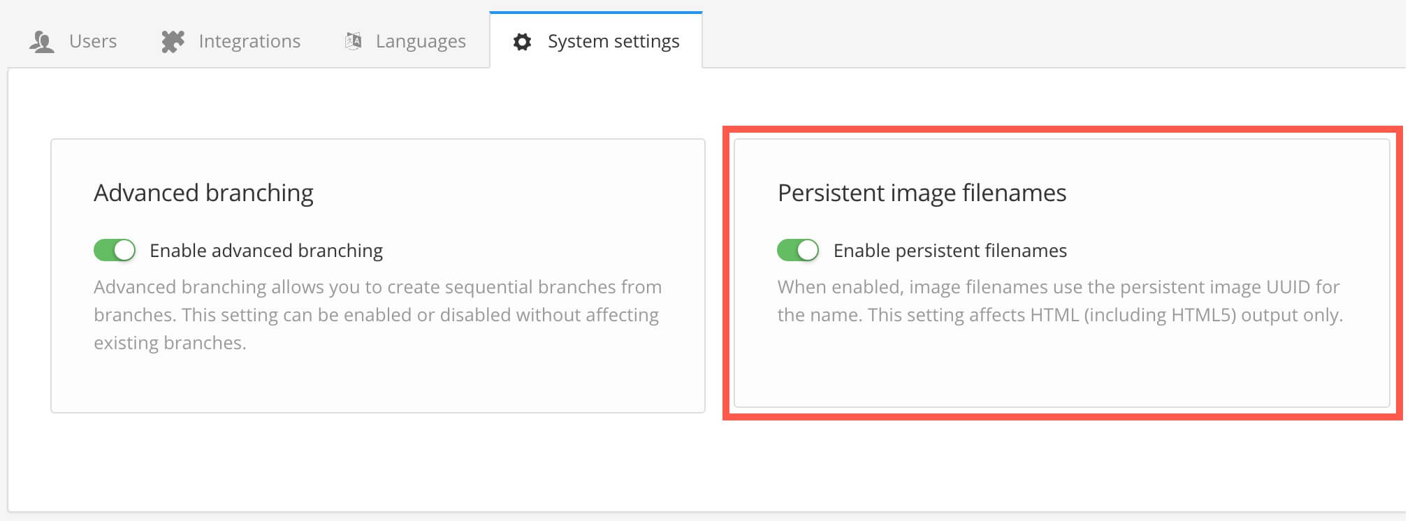 System settings tab showing the Persistent image filenames section. The Enable persistent filenames slider is set to on.