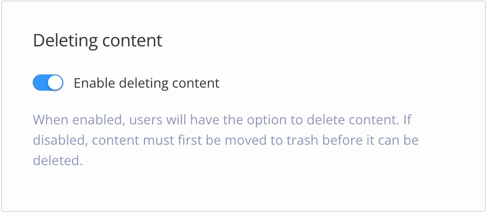 System settings. Deleting content section has an Enable deleting content slider.