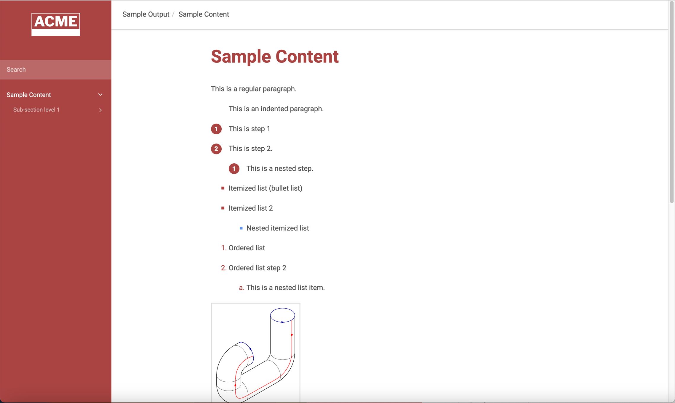 A customised HTML5 Help center page. It has a red sidebar, a custom logo, and various custom styles including red headings and red numbers for procedures.