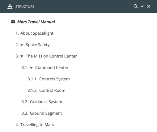 Image shows structure view of Mars Travel Manual publication. There are topics in the publication and some are at the top-level, some are at the second level, and some are at the third level.