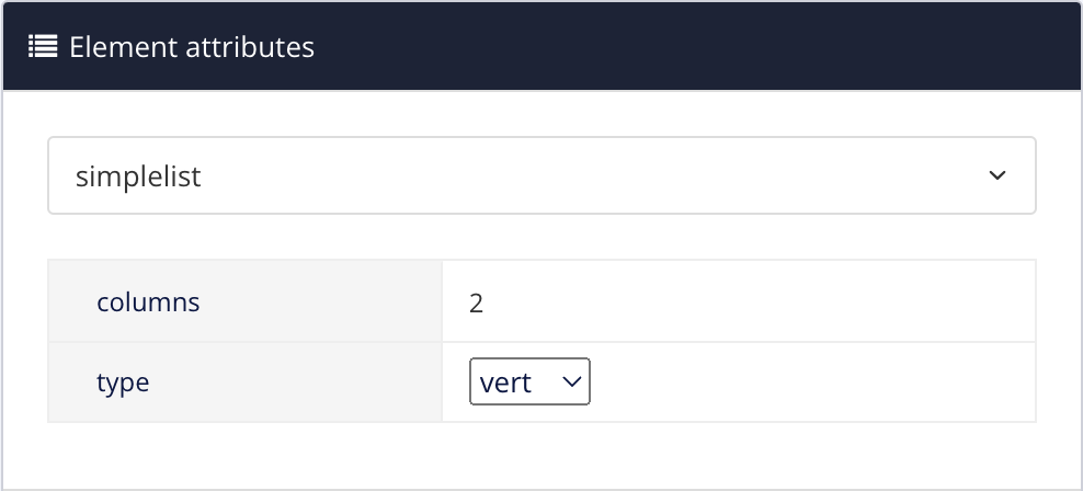 Element attributes dialog. It has a columns attribute with a value of 2 and a type attribute with a value of vert.