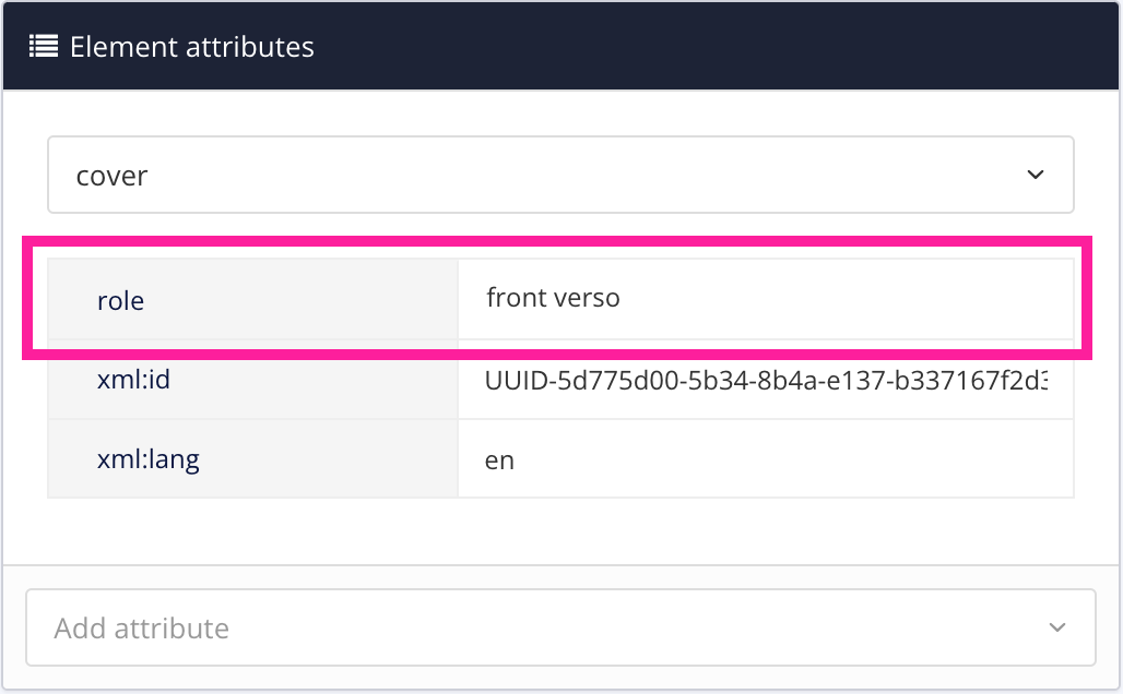 Element attributes panel. The cover element is selected and it has been given a role attribute. The value of the role attribute is set to front verso.