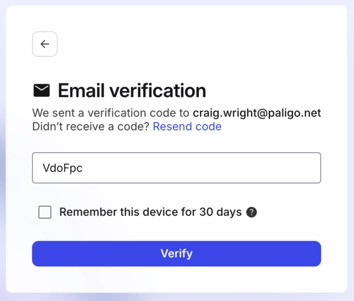 2FA setup. Email verification screen. It has a field for entering the verification code, a link to resend the code, a checkbox for remembering this device and a verify button.