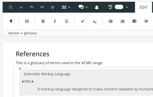 A References topic containing a glossary element. The glossary element is selected. There is no title element for the glossary.