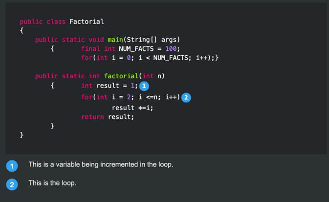 A code sample. In the code, there are callout icons labelled 1 and 2. Below the code, there are matching 1 and 2 callout icons, each with a text description of the corresponding line of code.