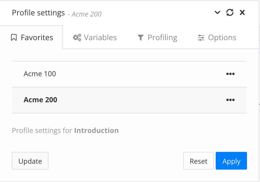Profile settings dialog. The Favorites tab is displayed and shows there are two favorite profiles, Acme 100 and Acme 200. Acme 200 is in bold.
