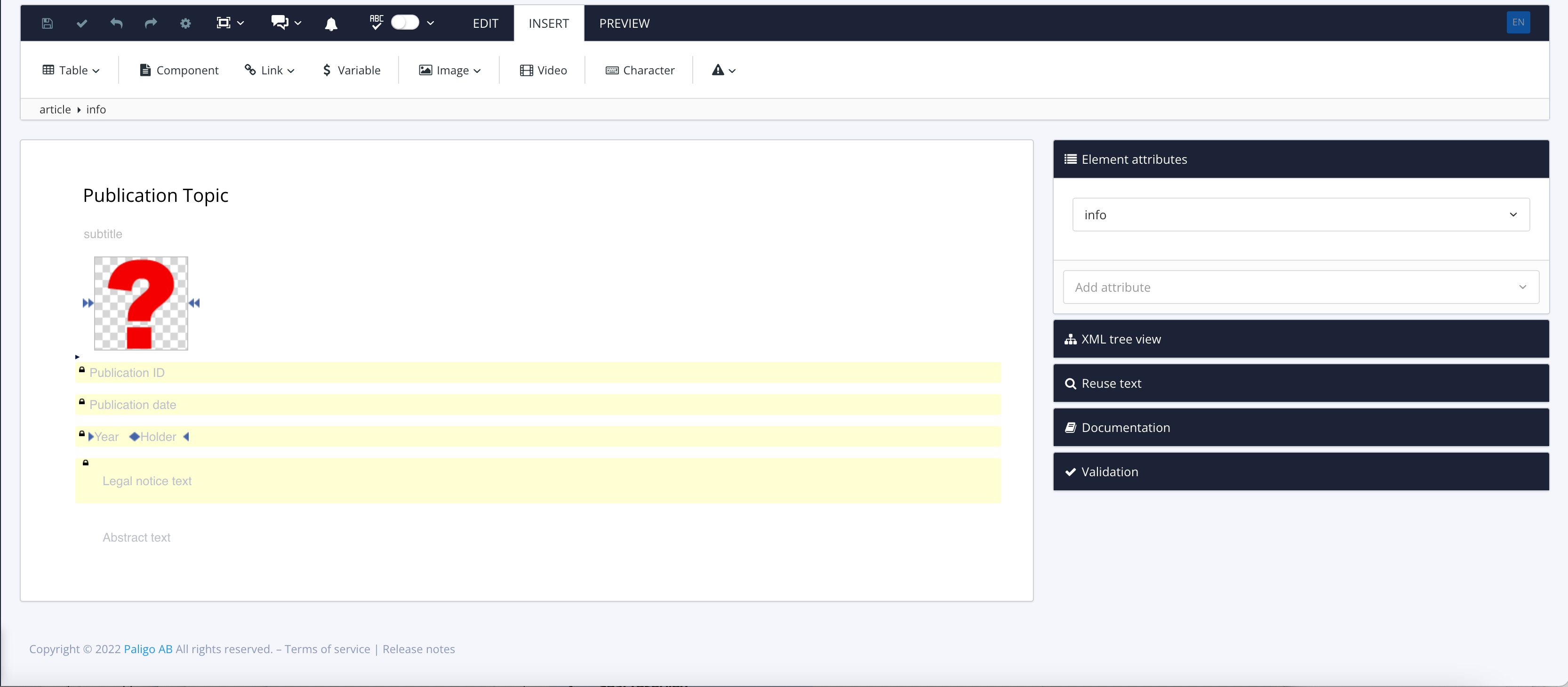 Default publication topic shown in the Paligo editor. It has an image structure but no image in place. The placeholder has a red question mark.