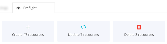 Top of preflight tab. There is a panel showing how many resources Paligo will create. Next to it is another panel that shows how many resources Paligo will update.