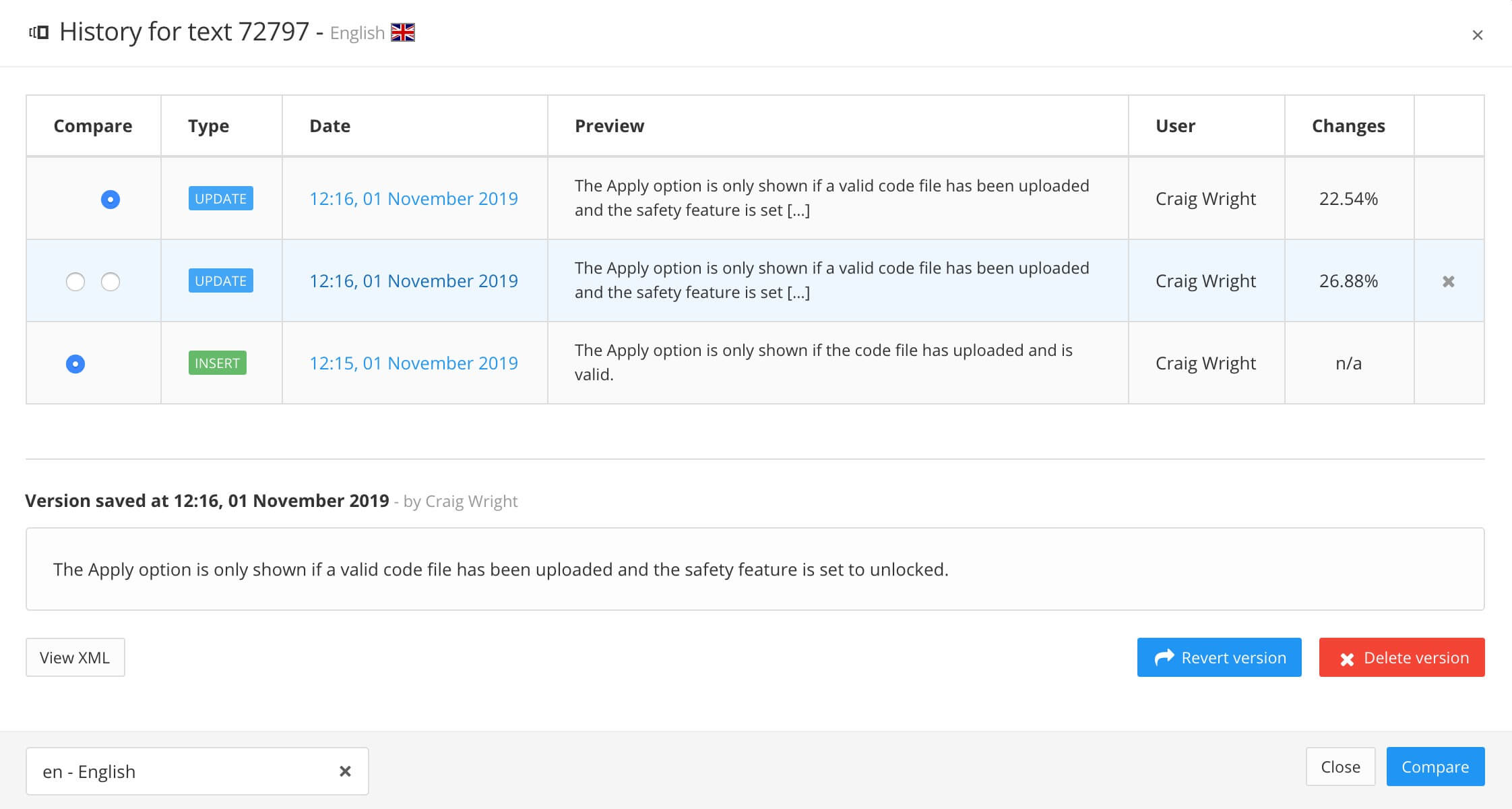 History dialog for a text fragment. There is a table that shows each revision, with options to compare them, information about the user, type and date, and also a preview.