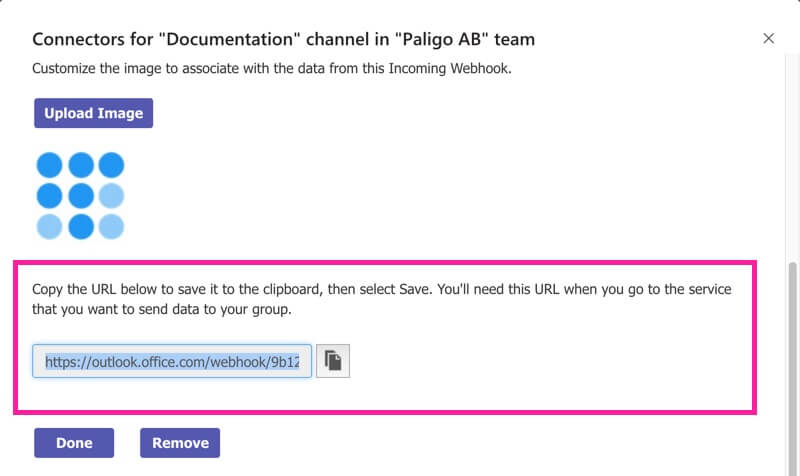 MS Teams interface showing the settings for a new webhook connector. The URL that MS Teams provides is highlighted.