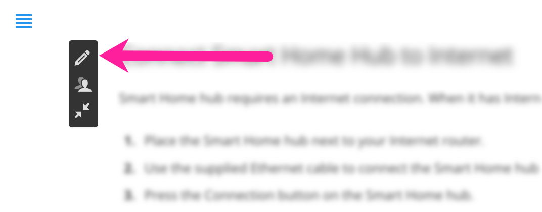 Review mode shows content. A callout arrow points to the pencil icon on a side menu next to the text. The pencil icon is the show in full editor option.