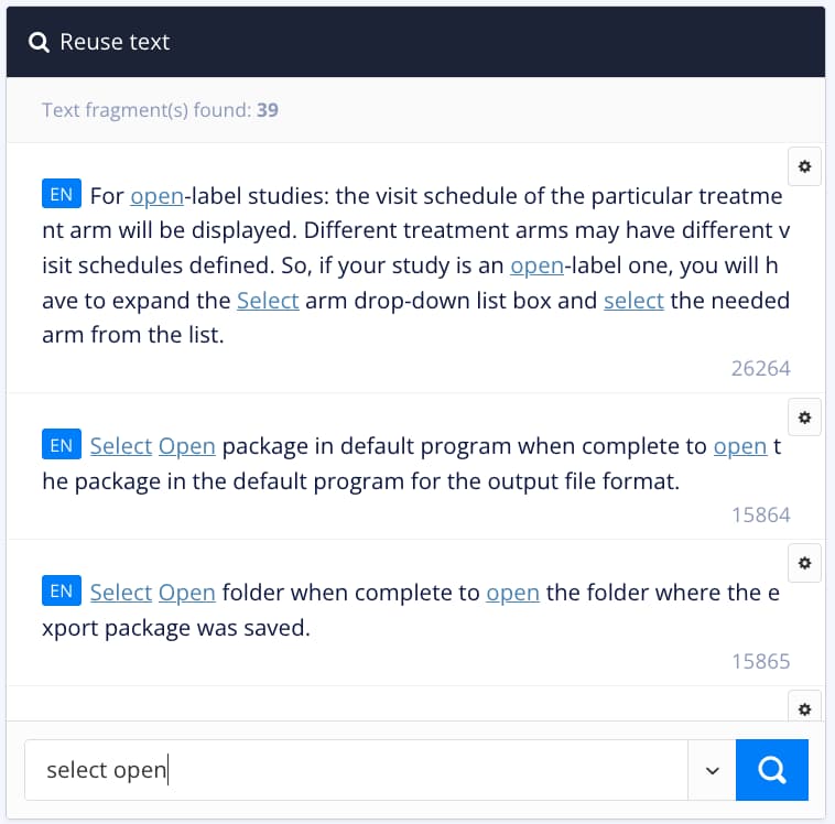 Reuse text section in the side panel. It shows a search for "select open" and the list of results. Each result shows a paragraph of text and has a cog icon for settings.