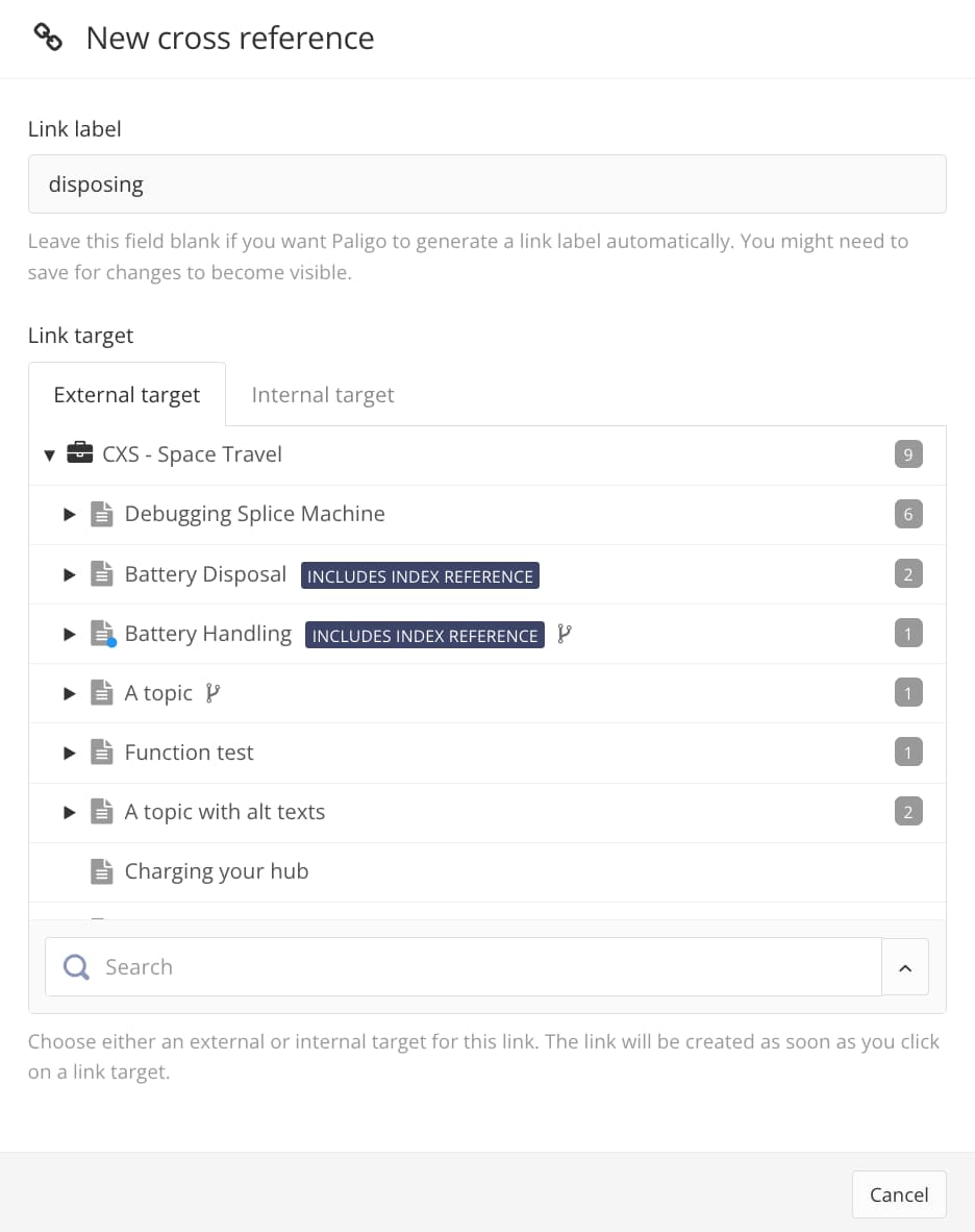 new cross reference dialog has tabs for external targets and internal targets.