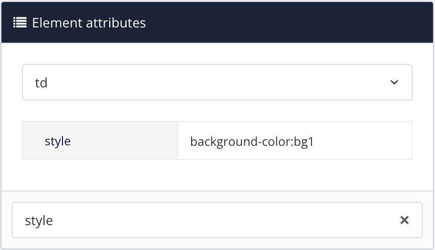 Element attributes panel. The td element is selected and it has a style attribute. The value of the style attribute is set to background-color:bg1