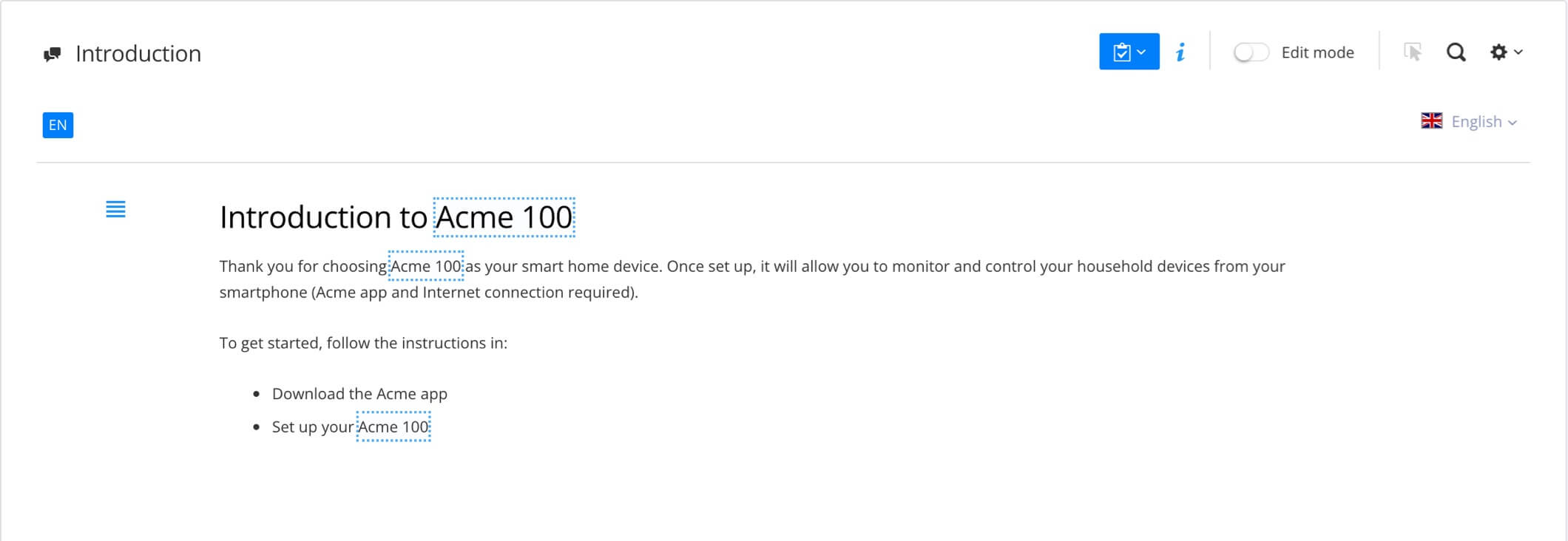 Topic shown in a review with the Acme 100 profile applied. The variables appear as Acme 100 and the note is filtered out.