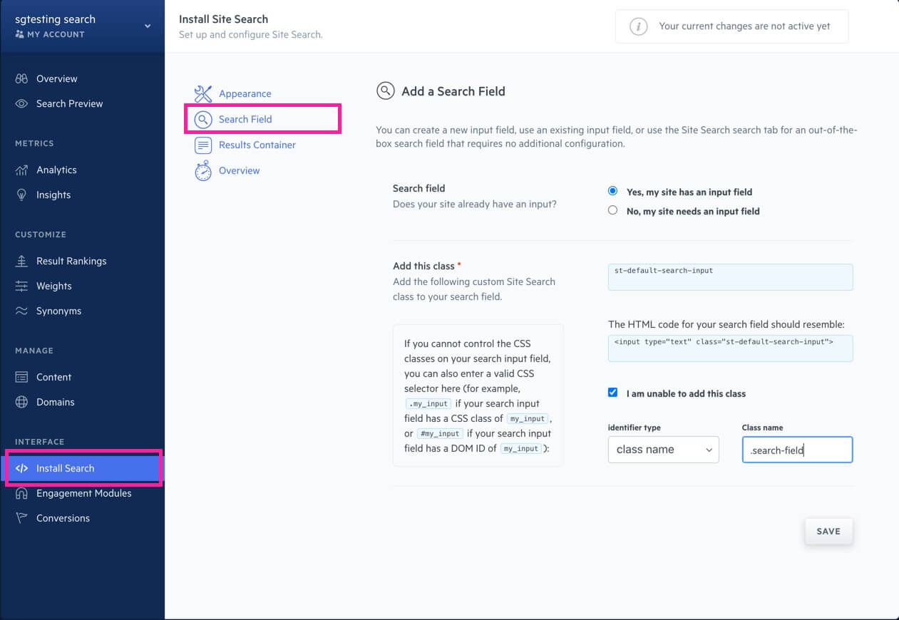 Swiftype admin showing Install Site Search page. The Install Search option is highlighted in the sidebar and the Search Field option is highlighted on the page itself. The page shows the Search Field settings.