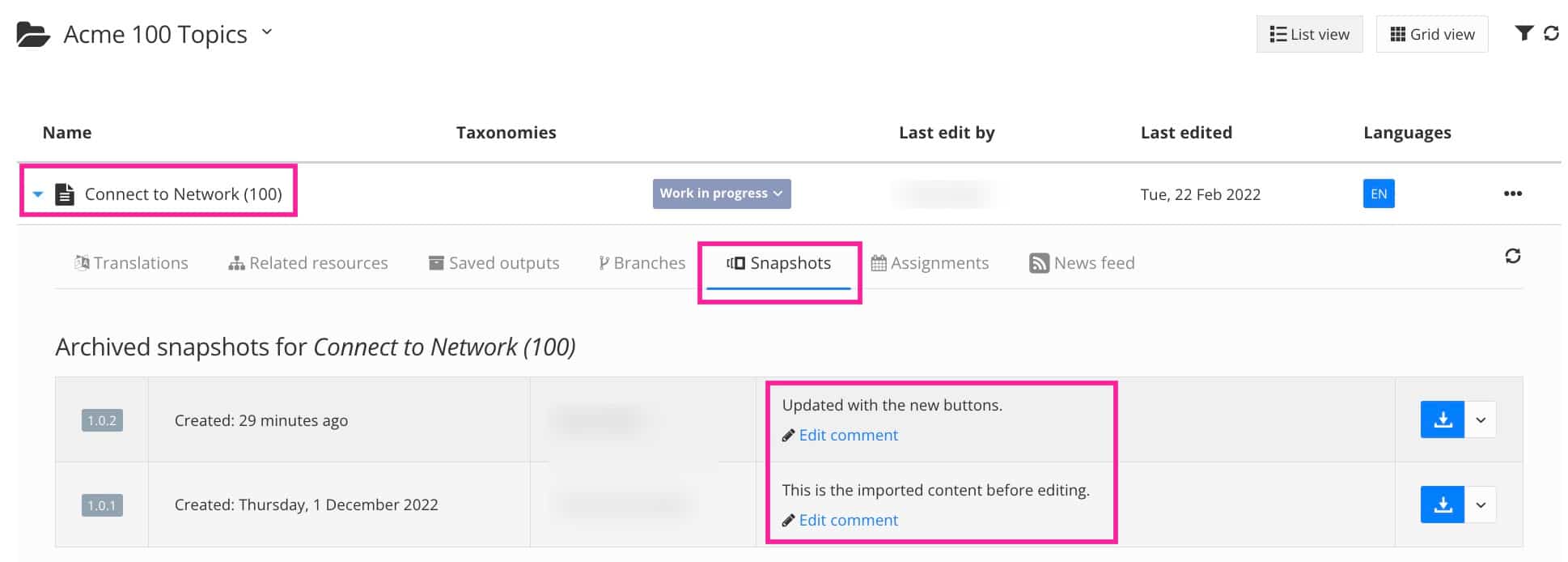 Resource view of a topic. There is a versions column that lists the snapshot comments.
