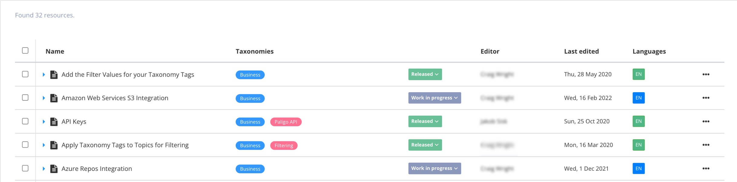 Search results for "Search from here" taxonomy feature. Results are shown as a list of topics. The list has columns of information for each topic, including its taxonomy tags.