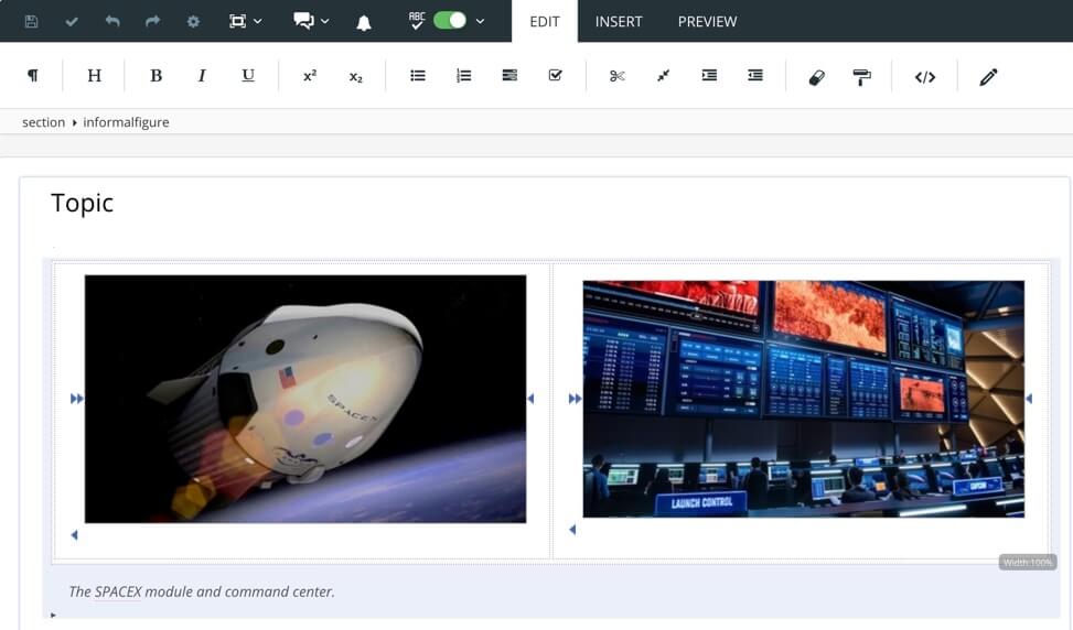 A topic containing side-by-side images. There is a table that spans the width of the content area and it has two equal sized columns and one row. There is an image of a space shuttle in the first column and an image of a control center in the second column. Below the table there is a caption.