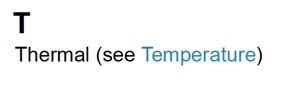 Index for letter T. It has an entry for Thermal and next to that it shows see Temperature.