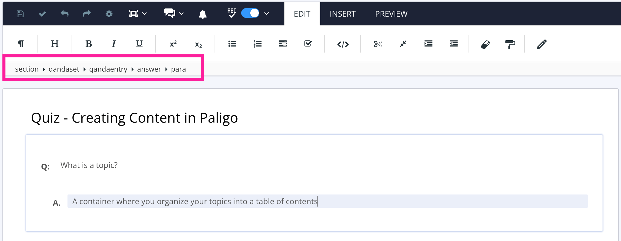 Quiz topic in the Paligo editor. The Element Structure Menu shows section, qandaset, qandaentry, answer, para. This means the user has selected the para element inside an answer element.