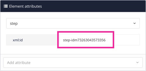 Element attributes for a step. The step has an xml:id attribute and value.