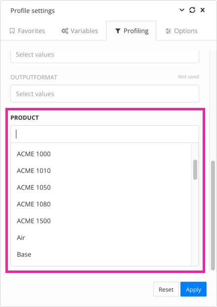 Translation view profile settings. Profiling tab has fields for each type of filter. Each field has a menu for choosing what value to use.