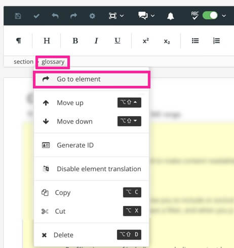 Paligo editor shows a glossary topic is open. The glossary element is selected in the element structure menu and the go to element option is highlighted.