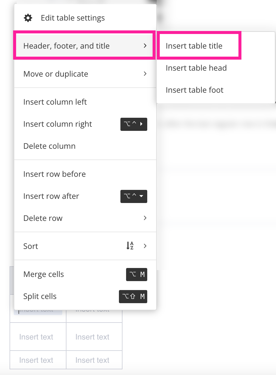 Table context menu. The header, footer and title option is highlighted along with the Insert table title option in the submenu.