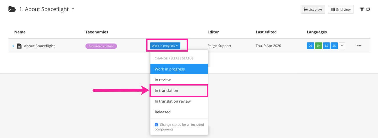 Resource view showing a topic in the work in progress state. The state button is selected and it shows a menu containing other state options, including In Translation.