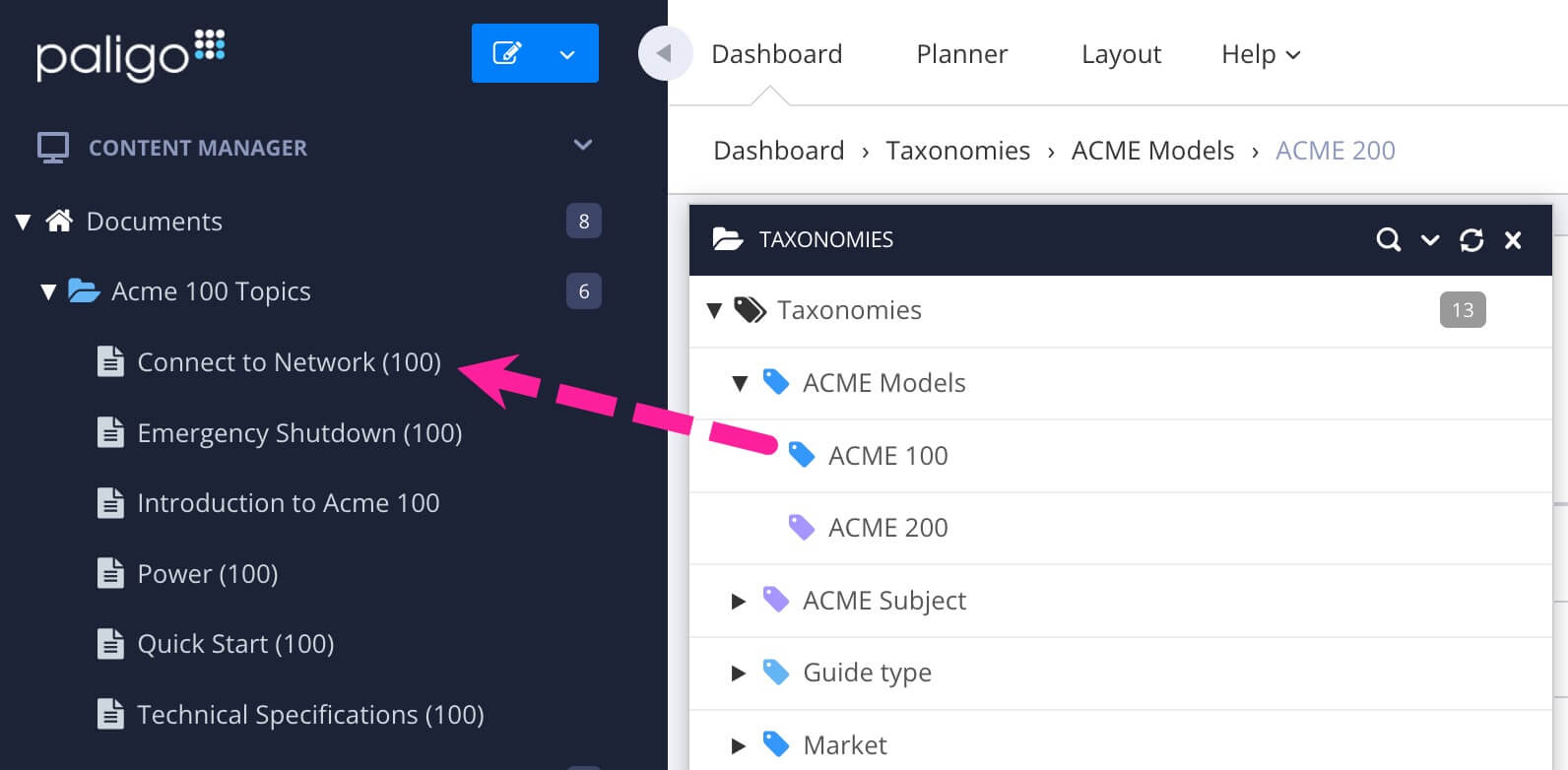 Taxonomy tag dragged from Floating Content Panel onto a topic in the Content Manager.