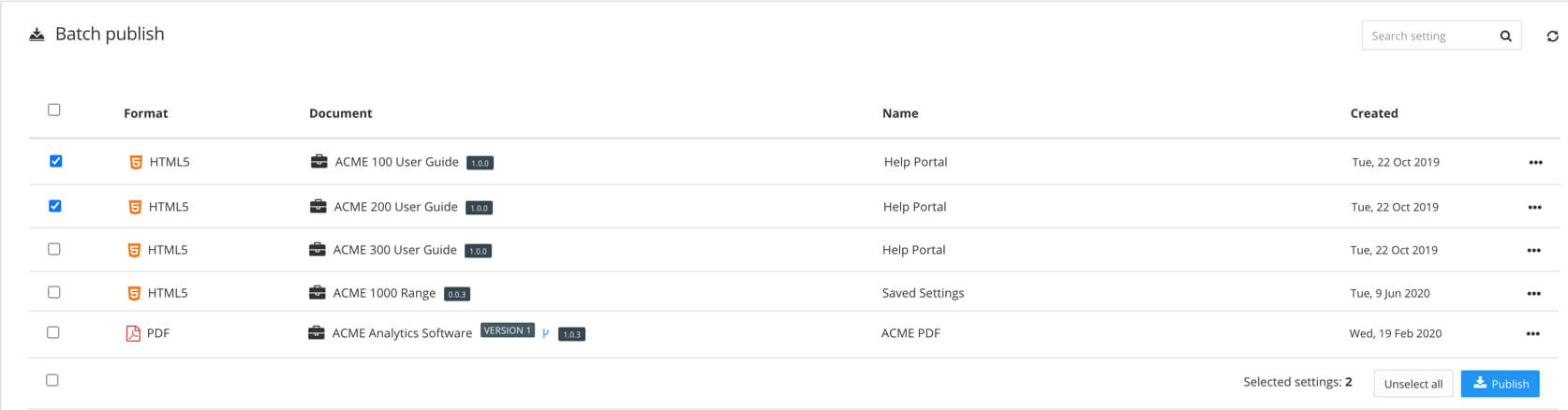 The batch publish list showing various different publishing settings. Two of the five publishing settings have their checkbox selected, meaning that these two will be included in the batch publish. The three unchecked publishing settings will be excluded.