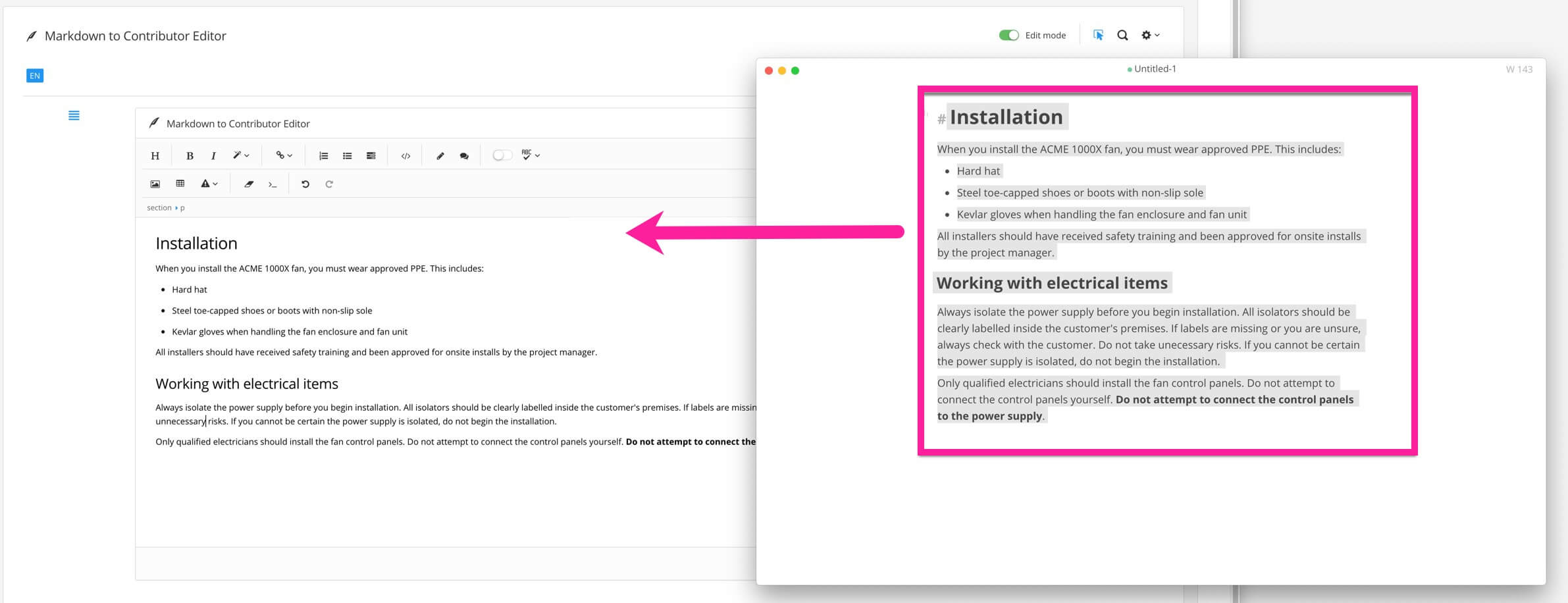 Diagram showing content from markdown being copied into the contributor editor.