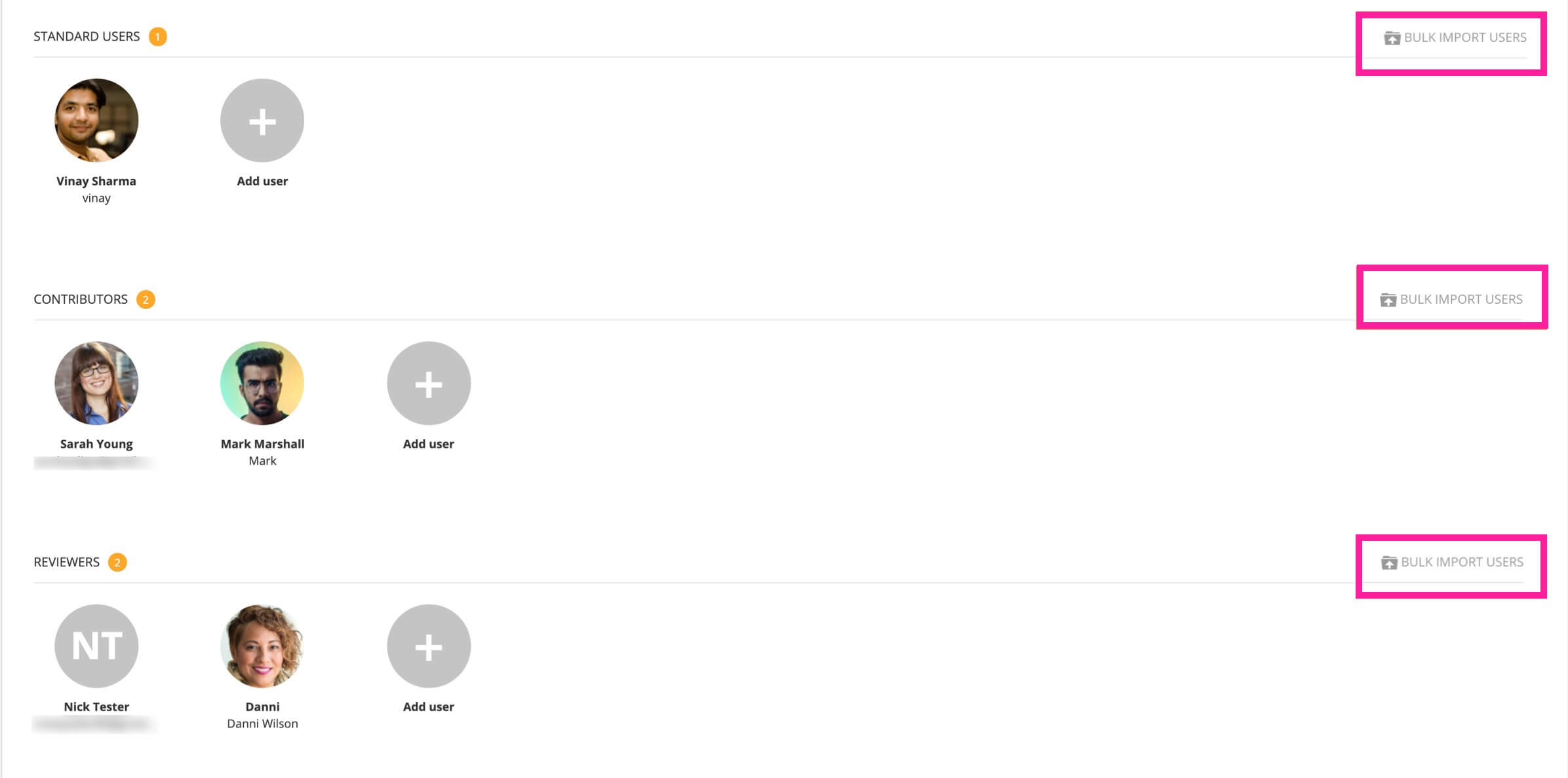 The page has a section for each user type. Each section has a bulk import users option.