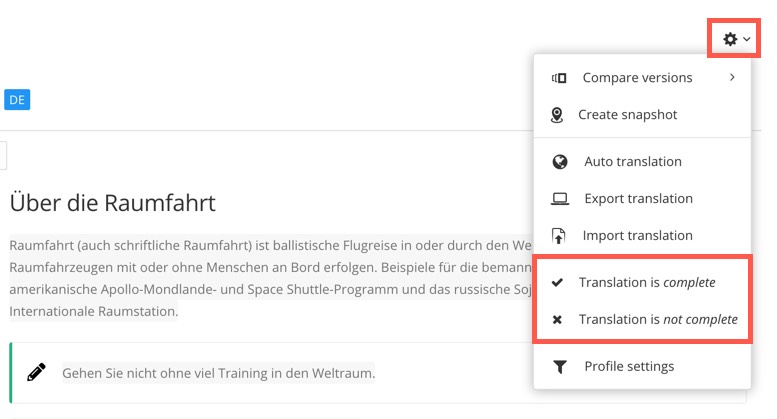 Cog menu selected on the Translate view. There are options for Translation is Complete and Translation is Not Complete.