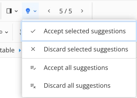 Suggestions icon is selected in the toolbar, revealing a dropdown menu. The menu has options for accepting or discarding selected suggestions or all suggestions.