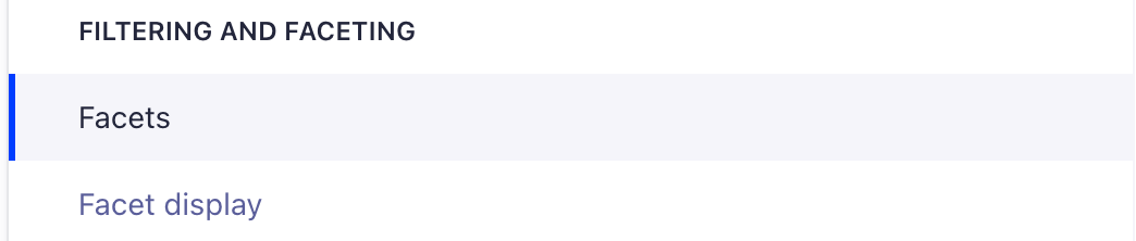 FILTERING AND FACETING section in Algolia. The Facets option is selected.