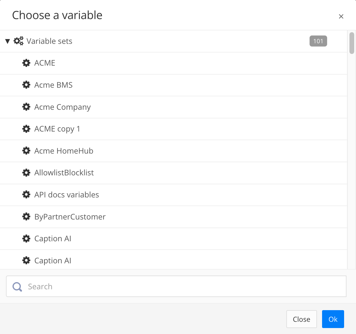 Choose a variable dialog shows a list of variable sets.