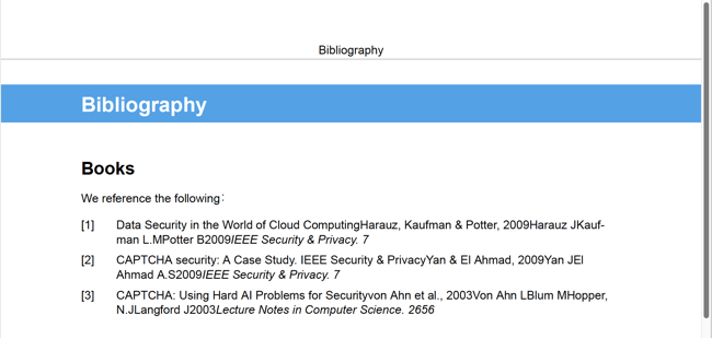 Example of a bibliography. It has numbered labels in the left column and the title, author, and other reference information in the right column. A PDF output is shown.