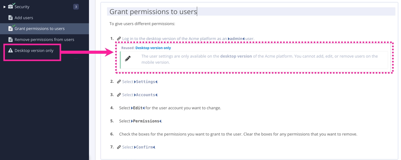 Paligo editor showing a topic and the Content Manager. A callout box highlights a note component in the Content Manager with an arrow pointing to the topic, where the note component is inserted as content.