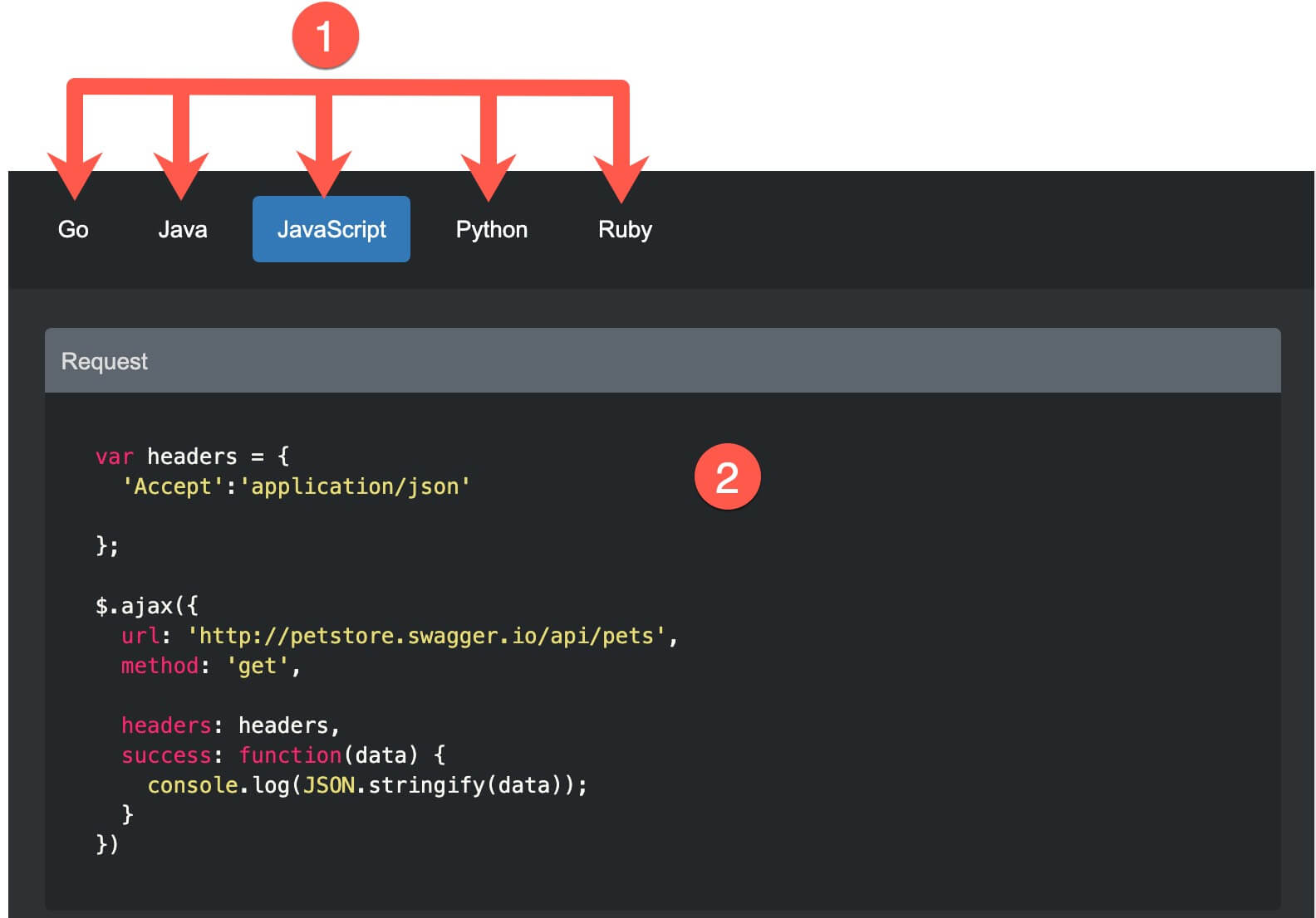 Programming language tabs shown at top of the API layout, above the code samples.