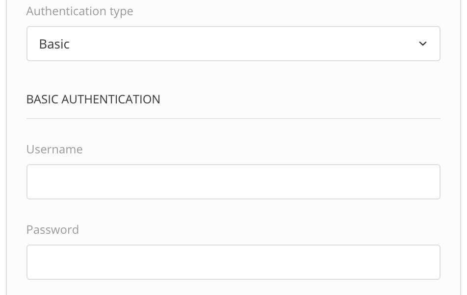 ServiceNow integration settings show authentication type is set to Basic. There is a field for username and a field for password.