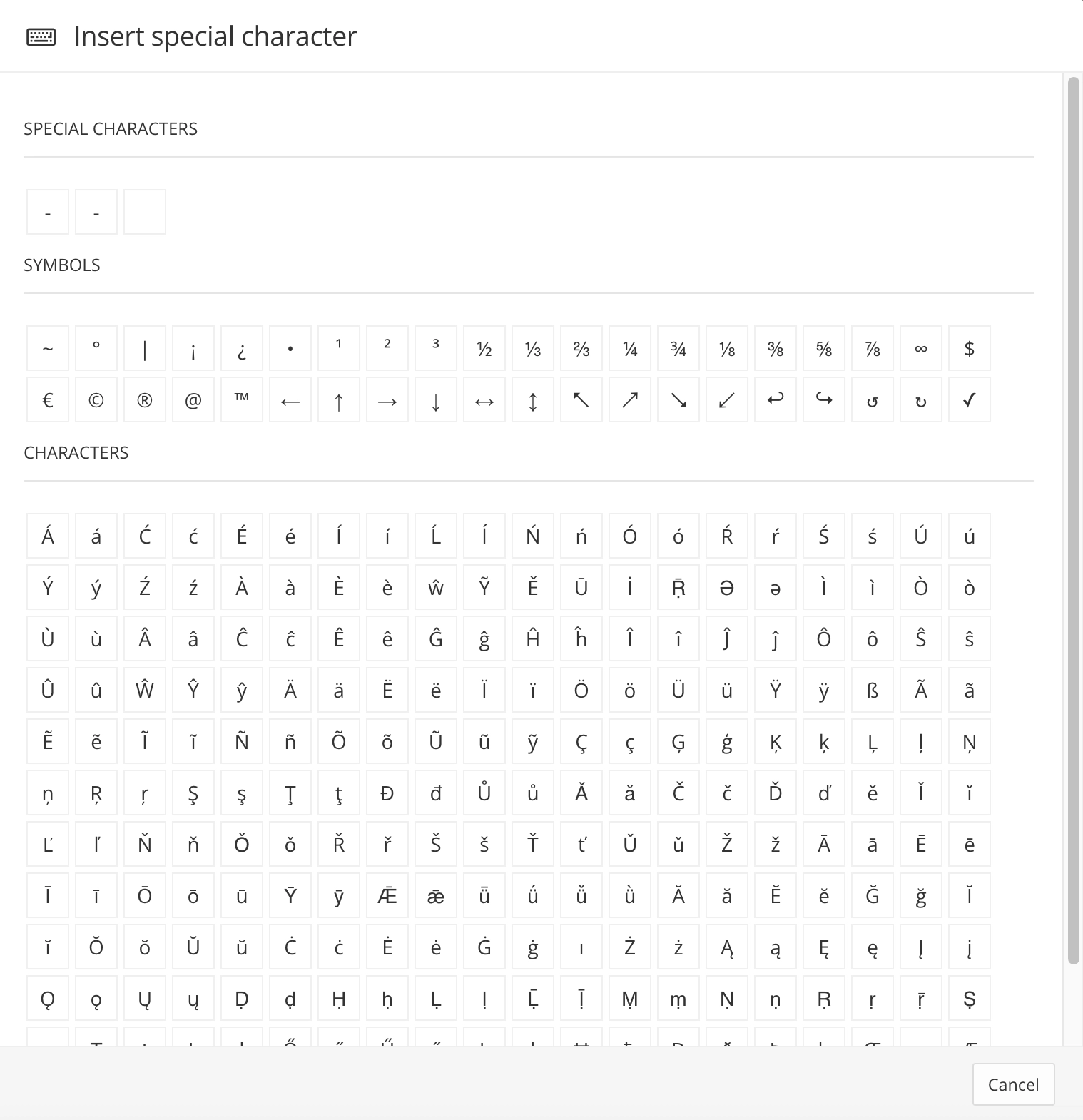 Insert special character dialog. It has three sections: Special characters, symbols, and characters. Each section contains rows of non-standard characters such as accented characters, characters with umlauts, and currency symbols.