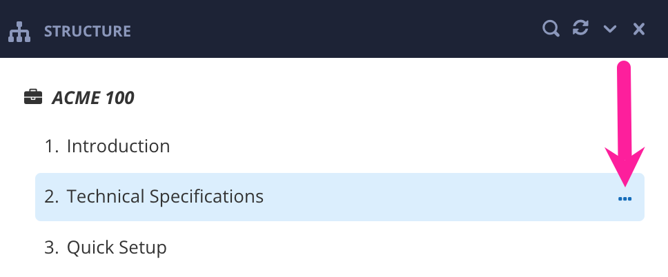 Publication structure. A callout arrow points to the dotted menu for a highlighted topic fork.