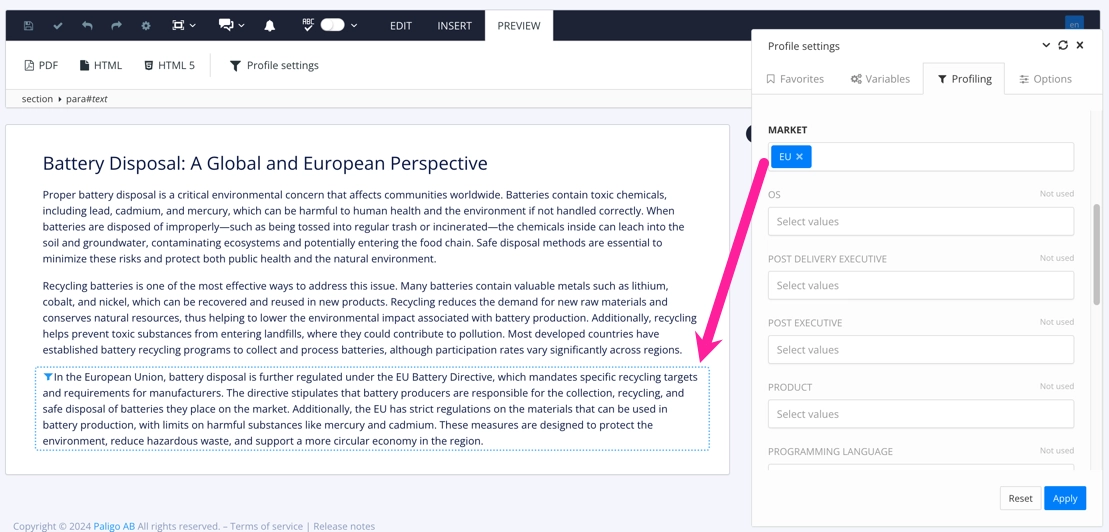 A topic in the main editor. It has three paragraphs. The last paragraph has an xinfo:market filter attribute with a filter value set to EUROPE. The preview panel is open and has the filter set to Market:EUROPE.