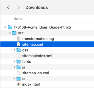 An HTML5 output, shown in the Downloads folder on a computer. There is a parent folder for the output and inside that, a child "out" folder. The sitemap.xml file is in the "out" folder.