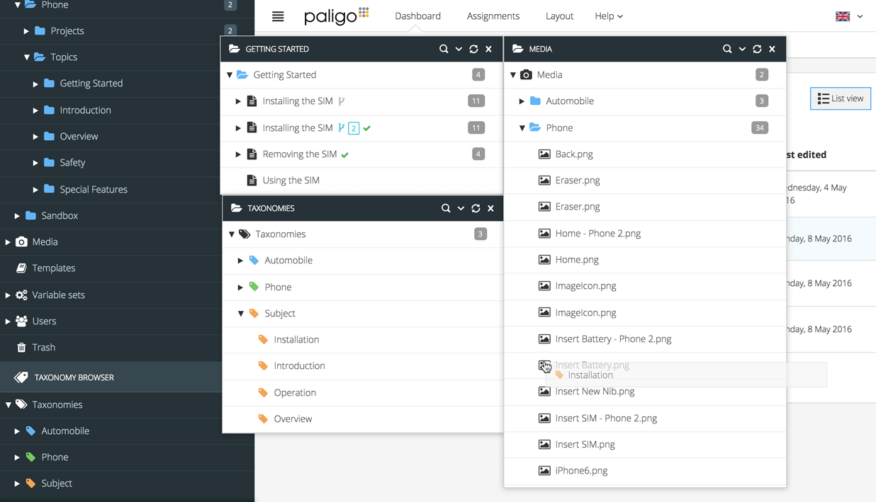Floating content panels for a folder, taxonomies, and media.
